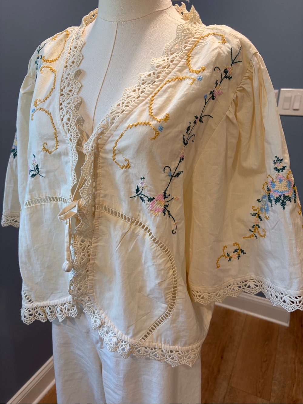 Jennifer & Grace Embroidered Cotton Boho Jacket Ivory Crochet Lace XL NWT - Picture 2 of 10